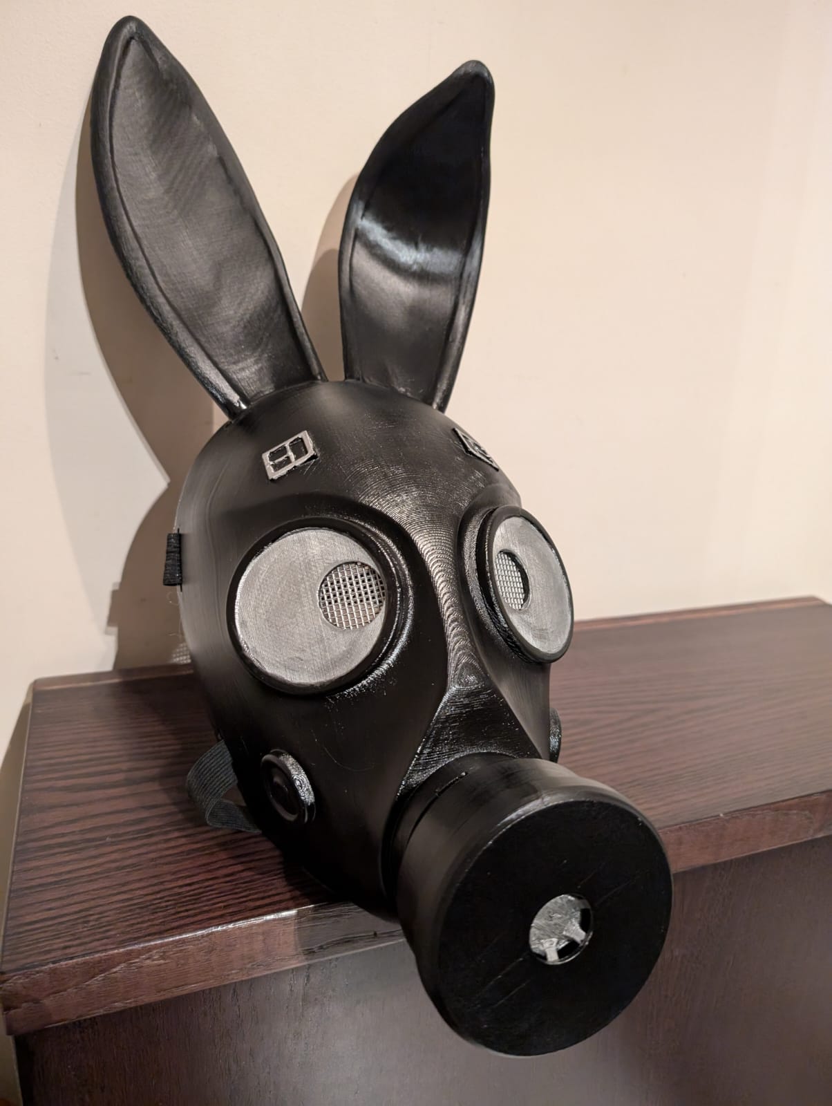 Custom design gas mask with bunny ears.