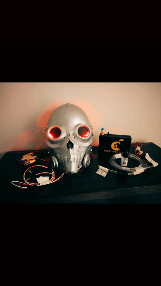 Death gun inspired helmet with fog machine and eye lights