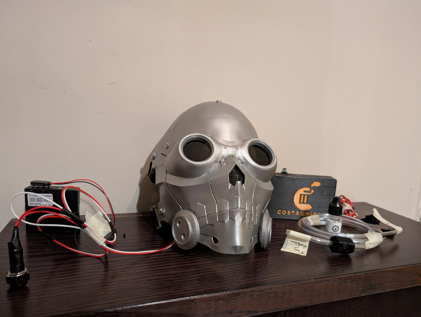 Death gun inspired helmet with fog machine and eye lights