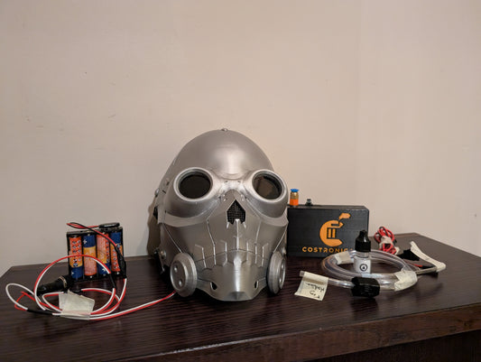 Death gun inspired helmet with fog machine and eye lights