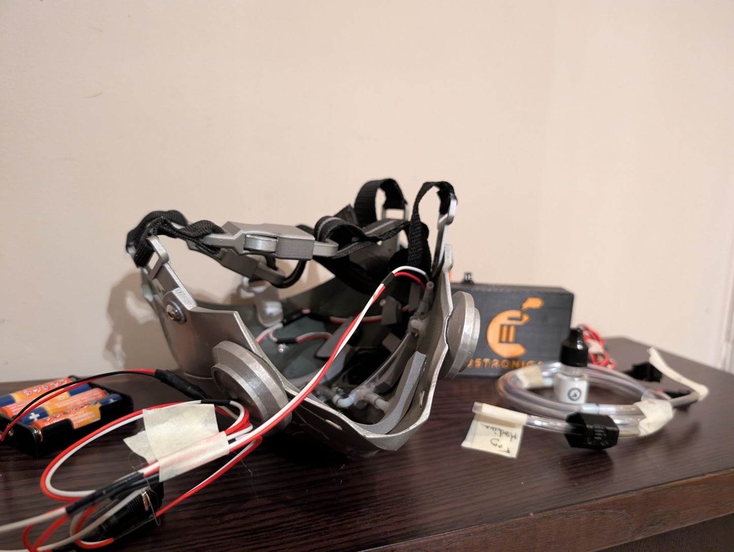 Death gun inspired helmet with fog machine and eye lights