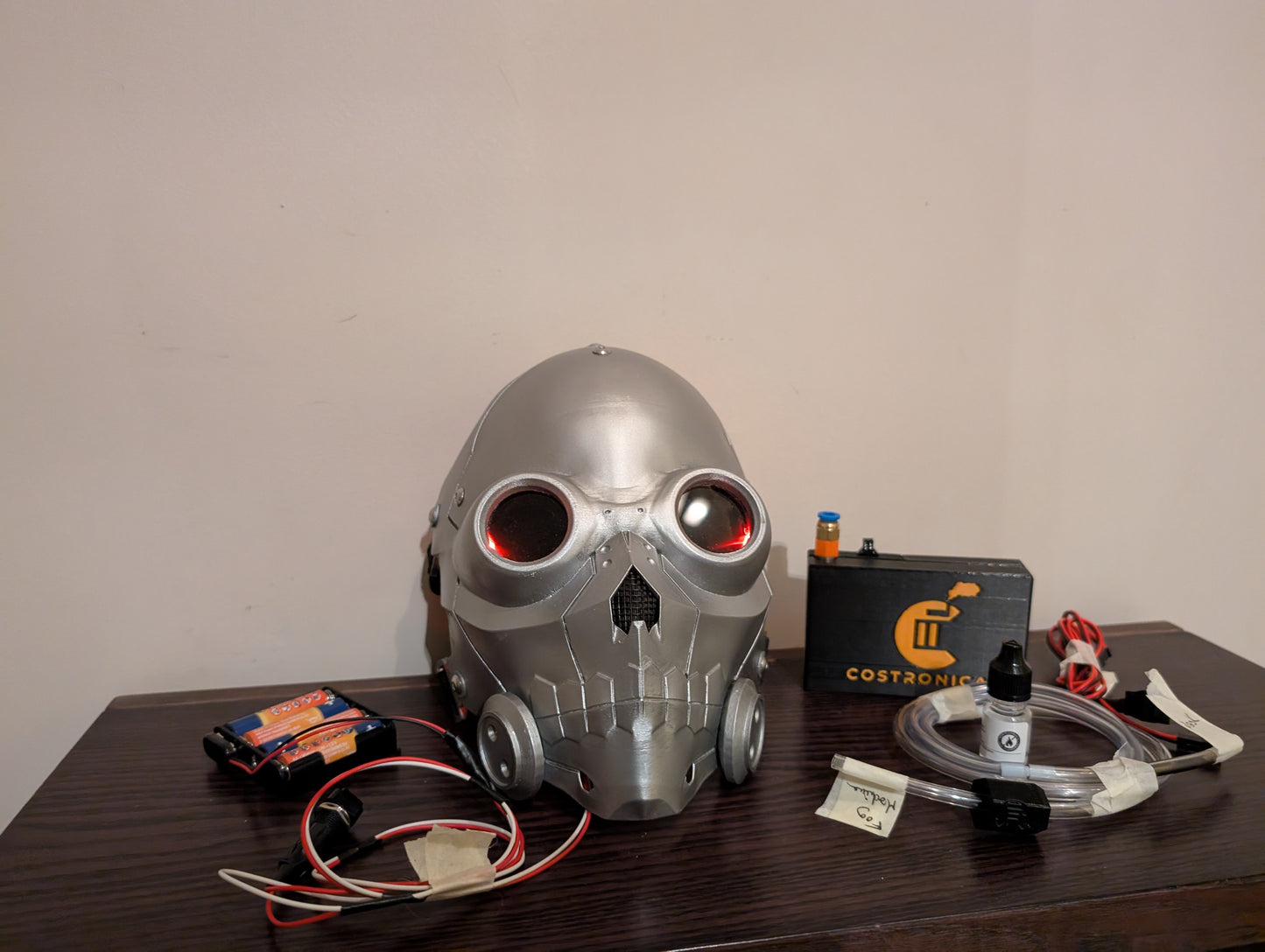 Death gun inspired helmet with fog machine and eye lights