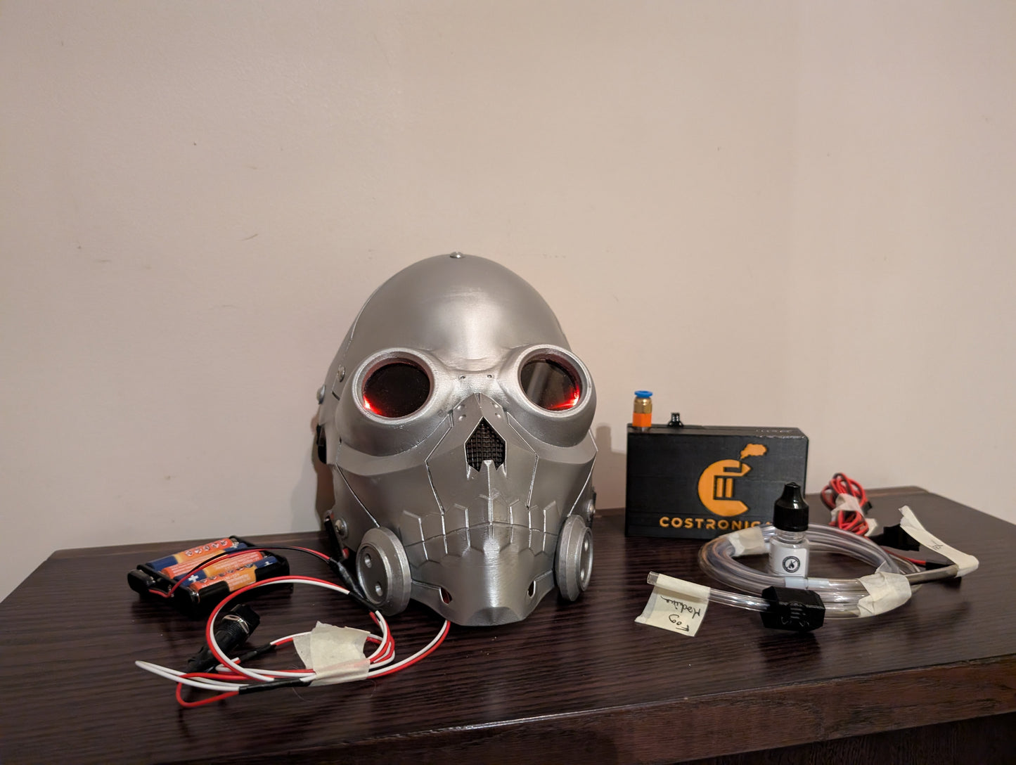 Death gun inspired helmet with fog machine and eye lights