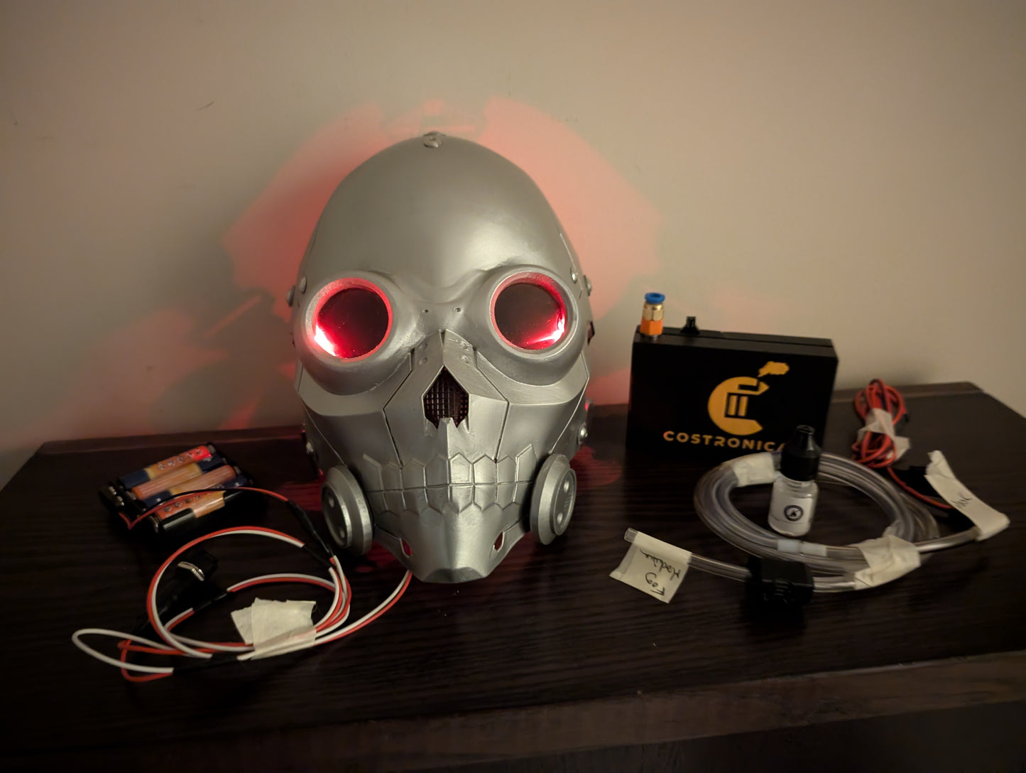 Death gun inspired helmet with fog machine and eye lights