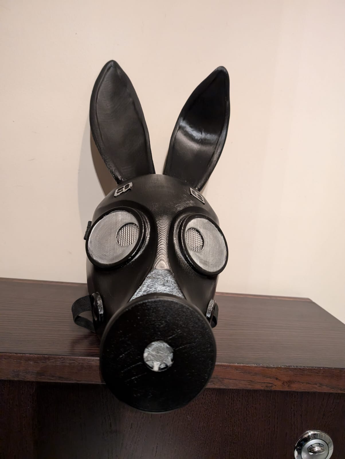 Custom design gas mask with bunny ears.