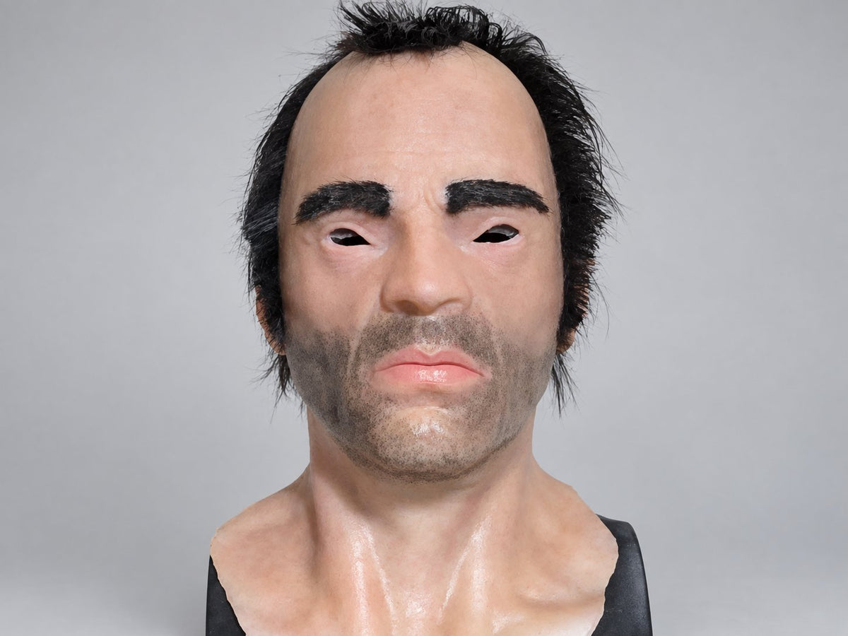 Handcrafted realistic dark-haired silicone mask, front view