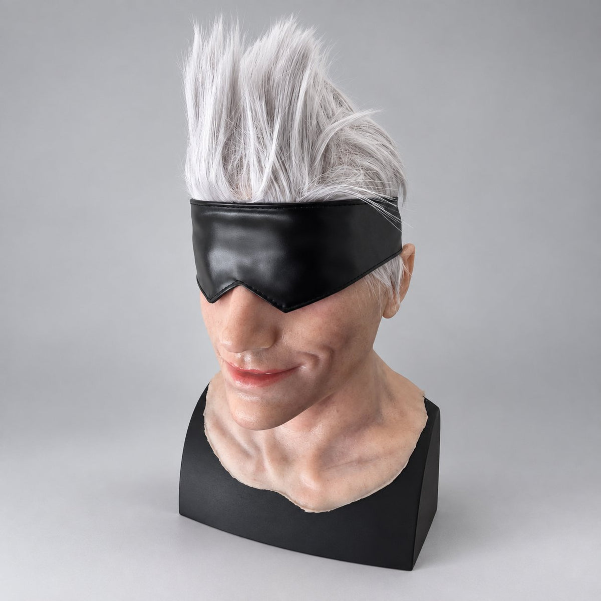 Handcrafted white-haired silicone character mask, front view