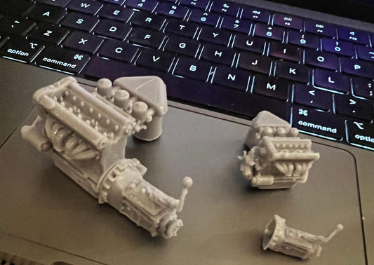 3d printed car pieces and engines for miniature model and RC cars.